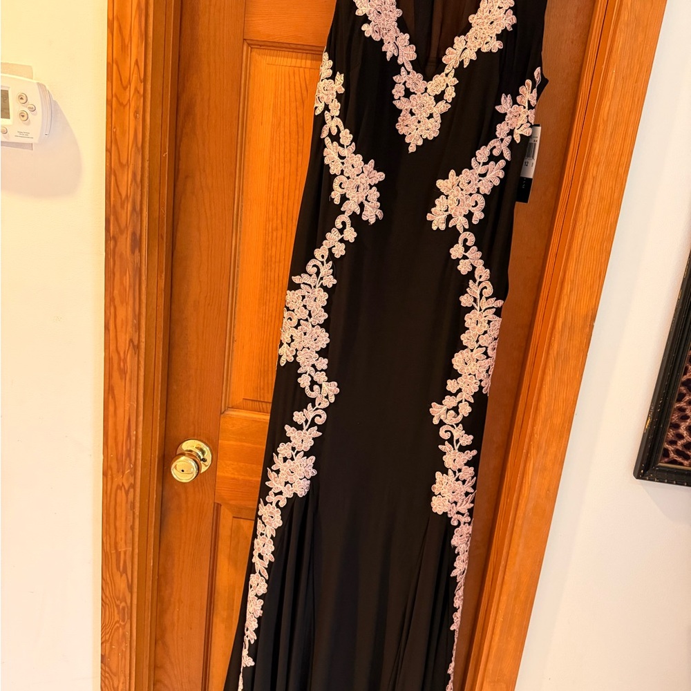 Betsy & Adam Black and Champagne Embellished Maxi Gown